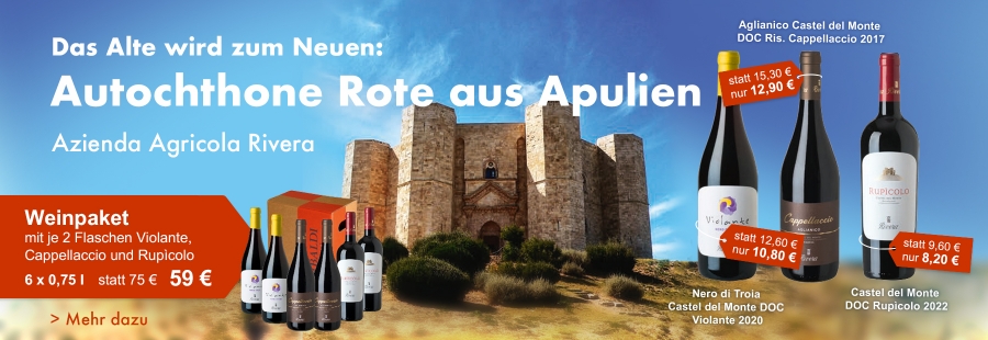 Entdecken Sie die einheimischen Rotweinsorten des nördlichen Apulien - viel Genuss zu attraktiven Preisen!